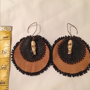 Bone scull leather beaded earrings